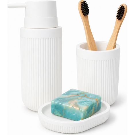 Accesorios de baño Relaxdays, 3 piezas, dispensador de jabón, jabonera, vaso, poliresina, set de baño, blanco (1/5)