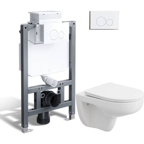Pack WC Suspendu 82 cm bâti-support WC à réservoir encastré + wc suspendu sans bride + plaque de chasse d'eau blanche HOROW (1/5)