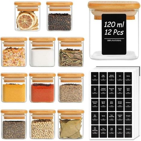 Gewürzgläser Set 12 Stück mit Bambusdeckel 120ml + Etiketten (1/5)