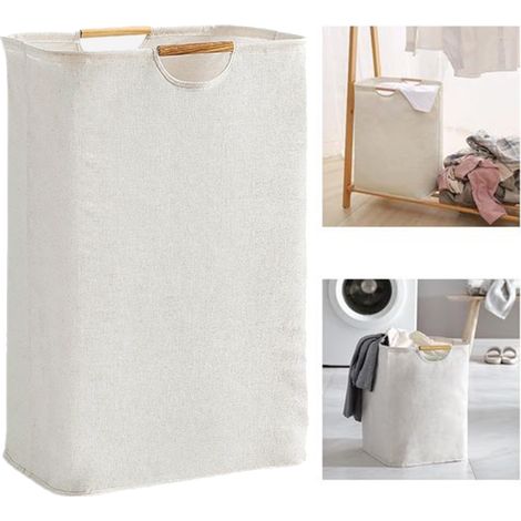 beigefarbener Wäschekorb (56 x 40 x 27 cm) – großer, faltbarer Wäschekorb aus Oxford-Gewebe mit Holzgriff – ideal für Schlafzimmer, Wohnzimmer, Kinderzimmer, Badezimmer und Reisen. (1/5)