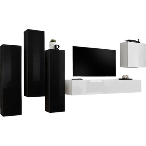 Set mobili da salotto SWITCH III – Design moderno – Nero e bianco lucido – Mobile TV e contenitori sospesi