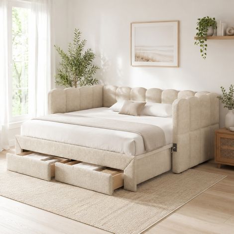 Lit banquette extensible 90x190 cm avec 2 tiroirs, USB et USB-C, chenille beige, OKWISH (1/5)