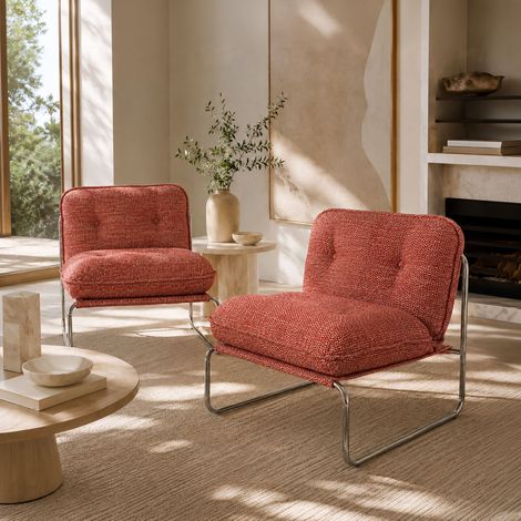 Lot de 2 fauteuils en tissu chenille terracotta et métal chromé (1/5)