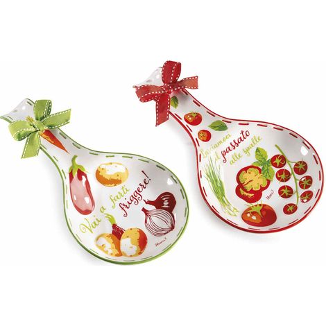 Repose-cuillères en céramique imprimé potager avec inscriptions, lot de 4, 12 x H. 24 cm