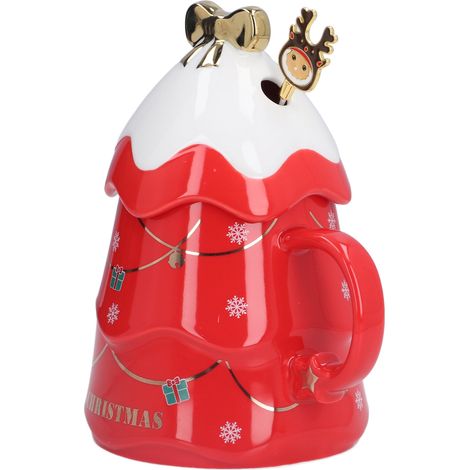 Grande tasse de Noël en céramique de 500 ml avec couvercle et cuillère, idéale pour le thé, le lait ou le café. Cadeau idéal pour la maison ou les fêtes de fin d'année. Rouge. (1/5)