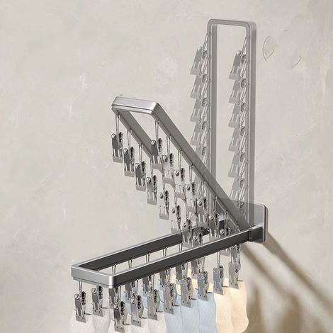 [Séchoir] Crochet murale avec clips pour chaussettes et sous-vêtements, 16 clips zinc, foldable 43cm anti-vent (1/5)