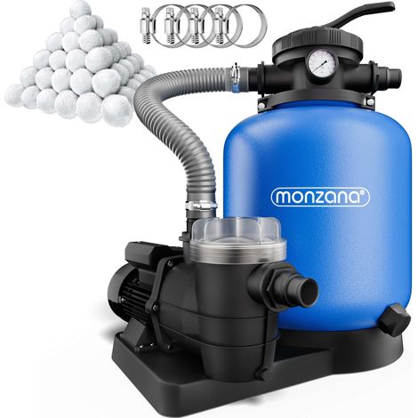MONZANA® Depuradora Piscina 13.200L/h Filtro de Arena hasta 58.000L incl. Bolas Filtrantes Válvula 7 Funciones Filtrado 600W Adaptador Ø32-38mm Bomba Indicador de Presión