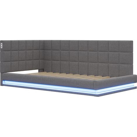 Letto capitonné convertibile 90 x 200 cm con LED, USB e rete, tessuto grigio (1/5)