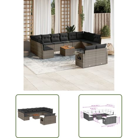 The Living Store 13-tlg. Garten-Sofagarnitur mit Kissen Grau Poly Rattan - Gartenmöbel Set - PE-Rattan Möbel - Outdoor Lounge - Esszimmergarnitur - Balkonmöbel (1/3)
