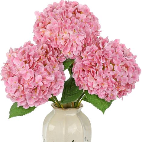 Lot de 3 fleurs d'hortensias artificielles au toucher réel - 70 cm de long - Grandes fleurs décoratives pour vase, salon, mariage et décoration - Rose (1/5)