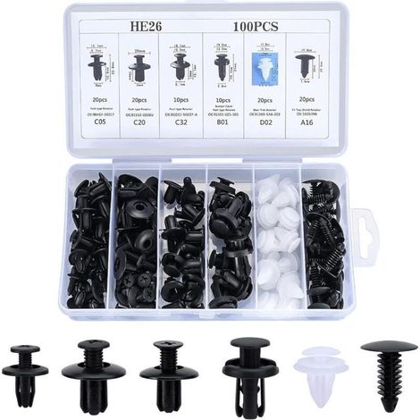 100 Pièces Clips Voiture Universel, 6 Taille Clips de Fixation Voiture Outils, Rivet Plastique, Agrafes Carrosserie pour Pare-Chocs Porte de Voiture Fender Push Kit de Remplacement (1/4)
