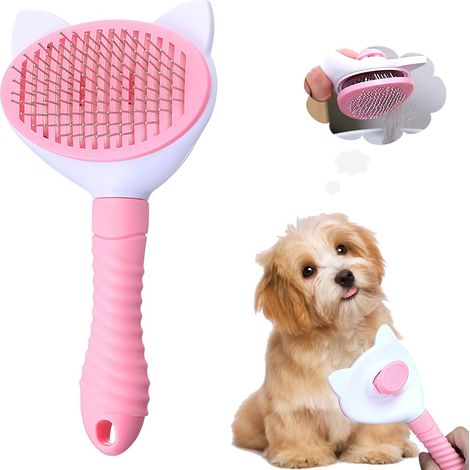 Dog Brush, Grooming Brush Self-Cleaning Cat Brush Pet Dog Brush Pet Brush, Suitable for Short and Long Hair Dogs Cats (Pink) (1/5)