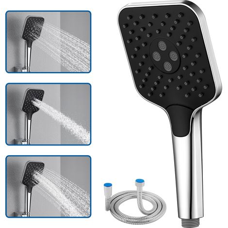 Auralum Max Teleducha con flexo de acero inoxidable de 150 cm, rociador con 3 tipos de chorro y protección anti-quemaduras, cromo + negro