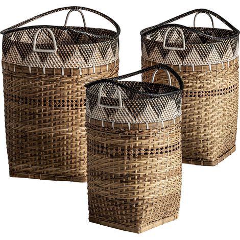 Panier déco Zirba ethnique en ratan naturel apilable - Beige naturel tressé avec finitions ethniques (1/5)