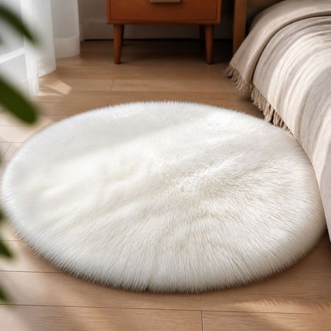 Tapis en fourrure synthétique rond blanc 100 cm, doux et moelleux, dos antidérapant en daim, idéal pour salon ou chambre (1/4)