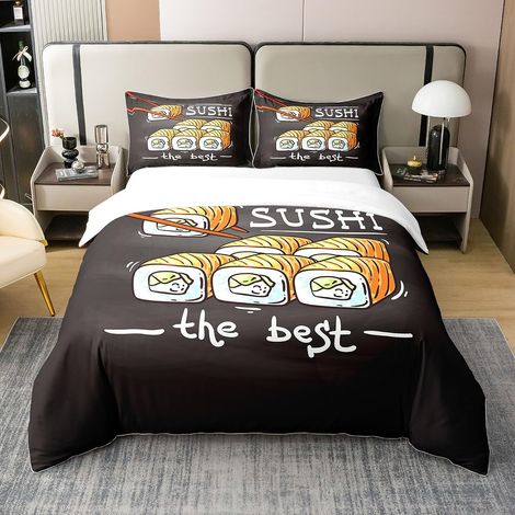 Dessin animé Sushi Literie Nourriture Japonaise Parure de Lit Mignon Sushi imprimé Housse de Couette 140x200cm 100% Coton Enfants Adultes caouai Tempura Decor Literie Super Doux - 140 x 200 cm + 1 tai (1/5)