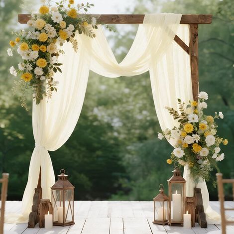Arche Tenture Mariage Ivoire, 75×600cm Rideau en Tulle, Mariage Voilage Drapés en Mousseline éLastique avec 2Pcs Rubans, pour Décoration de Cérémonie, Fête, Rideau de Gaze (1/5)