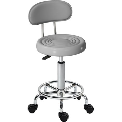 Tabouret de coiffeuse réglable en hauteur, pivotant sur roulettes, avec dossier et repose-pieds, revêtement en similicuir gris (1/5)
