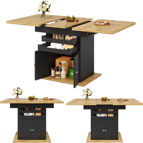 Table à manger extensible pliante- 110-140×80×76cm- 6 à 8 personnes- Avec tiroirs et Portes- MDF- Salle a manger,Salon- Noir (1/5)