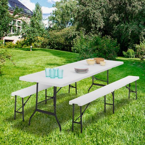 Mesa auxiliar plegable portátil de 180 cm y 2 bancos plegables para camping o entretenimiento (1/5)