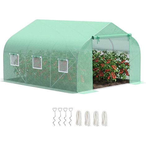 Serre de jardin de 3,5 x 3 x 2 m avec toit incliné en polyéthylène, porte et 6 fenêtres, verte produit de qualité avec garantie satisfait ou remboursé (1/5)