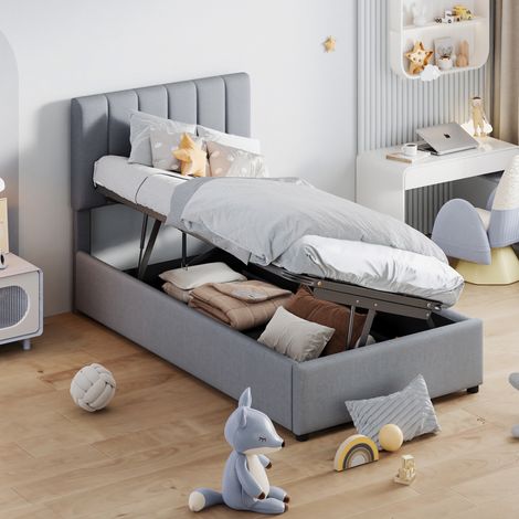 Letto singolo 90x200 cm, con sistema idraulico e spazio di archiviazione, sommier a doghe in legno, letto principessa imbottito in lino - Grigio