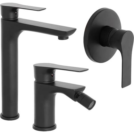 Set miscelatori lavabo alto bidet e doccia Flat nero opaco con piletta