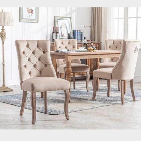Chaises de salle à manger à quatre pieds — Matériau en velours beige, design capitonné à dossier haut, structure en bois massif — Beige (Lot de 4) (1/4)
