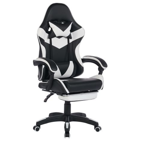 Fauteuil de bureau ergonomique Chaise de gaming pivotante avec repose-pieds, appui-tête et soutien lombaire – En cuir, noir + blanc (1/5)