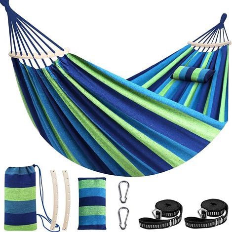Hammock 300 x 150 cm Soft Cotton Holds up to 300 kg Portable Tree Hammocks with Removable Spreader Bar Pillow 2 Strong Straps 2 Carabiners (1/5)