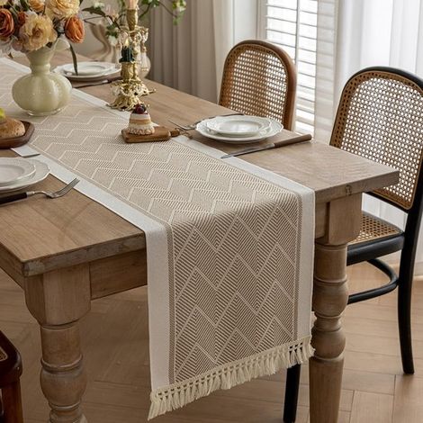 Chemin de table en polyester d'une seule pièce, aspect lin et franges, style champêtre chemin de table décoratif pour la table de cuisine décoration festive pour la table de cuisine. (1/5)