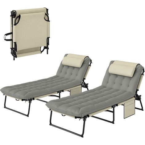 Set di 2 lettini prendisole pieghevoli con schienale reclinabile in 4 posizioni, poggiatesta e spessi cuscini color crema.
