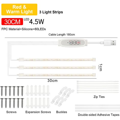 Ortviai Bande LED pour Plantes d'Intérieur – 30 cm, Lumière Rouge & Chaude 3000K, 4 Niveaux de Luminosité, Minuterie Intelligente 24h