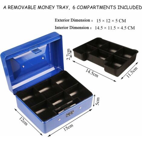 Petite caisse enregistreuse avec serrure à combinaison – Caisse enregistreuse robuste en métal avec compartiment de rangement verrouillable, 15 × 12 × 8 cm (bleue, petite) (1/4)