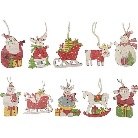 Lot de 10 pendentifs en bois pour Noël, décorations à suspendre pour les fêtes.-7.4x7.4x0.3cm (1/3)