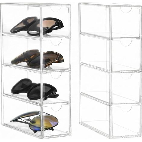 ® 2 Pièces Boîte à Lunettes Boîte à Bijoux avec 4 Tiroirs - 17,5 x 24,6 x 6,5 cm - Organisateur Transparent Empilable pour Lunettes, Bijoux et Montres (1/5)