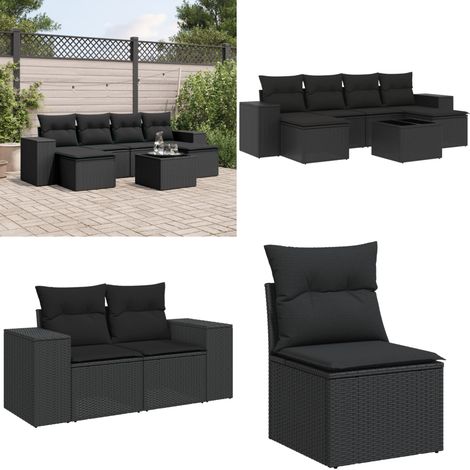 7-tlg. Garten-Sofagarnitur mit Kissen Schwarz Poly Rattan - Gartensorte - Gartenmöbelset - PE-Rattan Möbel - Outdoor Lounge Set - Balkonmöbel - Home & Living (1/5)