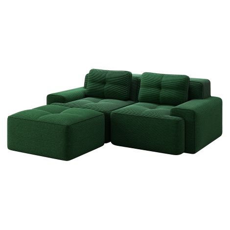 Canapé L modulable vert velours côtelé, assise profonde avec pouf (1/5)