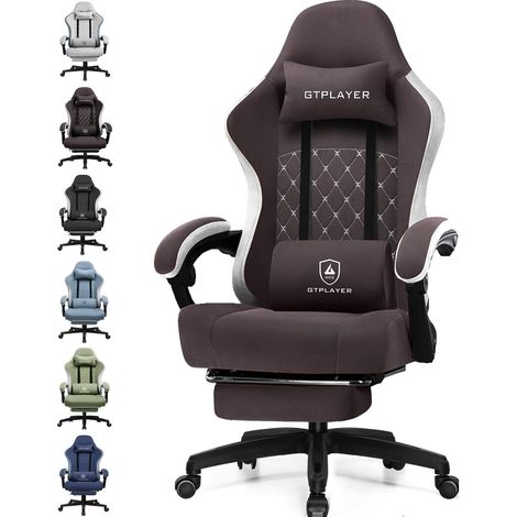 GTPLAYER Chaise de gaming ergonomique avec surface en tissu, coussin de siège à ressort, accoudoirs de connexion et repose-pieds, Brun