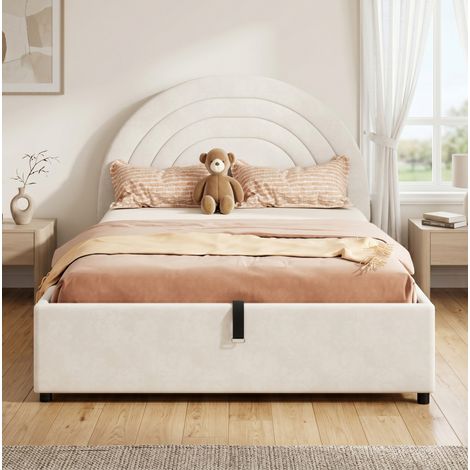 Bett für Kinder und Jugendliche aus Samt Beige 140x190 cm mit Kopfteil, Lattenrost und hydraulischem Stauraum