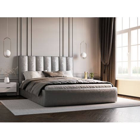 Emporius Lit rembourré 140x200 cm Velor, lit coffre avec rangement et sommier à lattes, Gris clair (1/5)