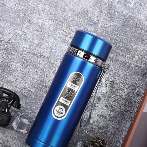 Große, 1000 ml fassende, blaue Edelstahl-Isolierflasche, tragbar für Outdoor-Sportarten, mit Tragegurt, kreatives Geschenk fürs Auto (1/3)