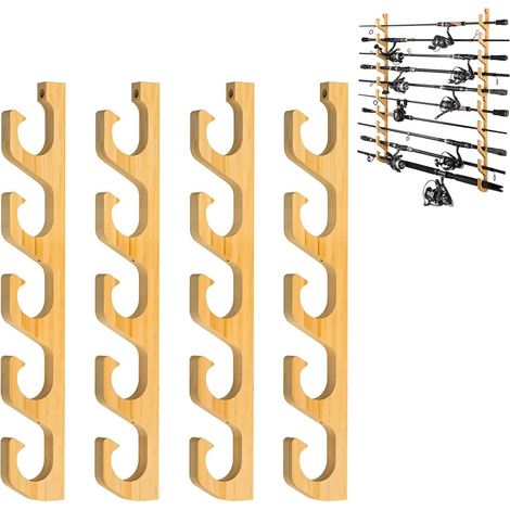 Porte Canne à Pêche en Bois, 2 Paire Support Canne à Pêche Ratelier, Montage Plafond Ou Mur, Support de Canne à Pêches, Rod Rack Stockage de 10 Pôles, pour Garage, Bateaux, Mur