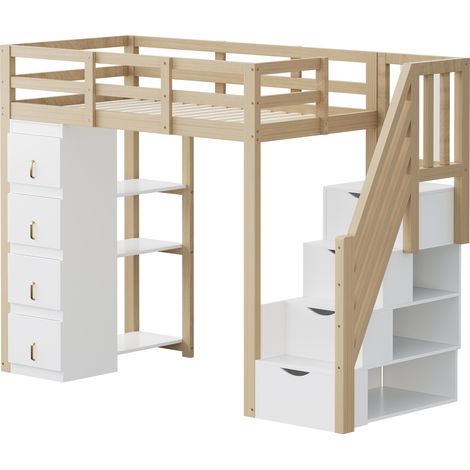 Cama alta 90 x 200 cm de madera natural con 4 cajones y estantes (1/5)