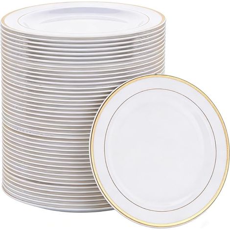 Assiettes en Plastique Réutilisables Blanches de 26 cm pour Fête Blanc Or (1/5)