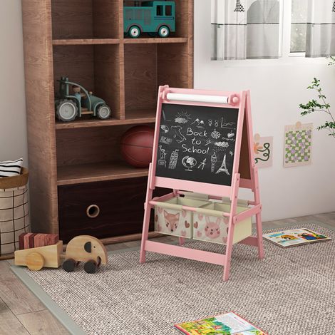 Pizarra infantil de caballete, pizarra de doble cara, rollo de papel, 2 cestas, 54 x 46,5 x 93 cm, rosa