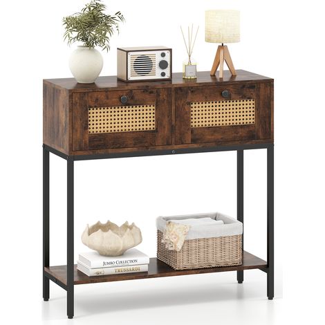 COSTWAY 80 CM Boho Console Table 2-Tier Modern Narrow Entryway Table-Brown (1/5)