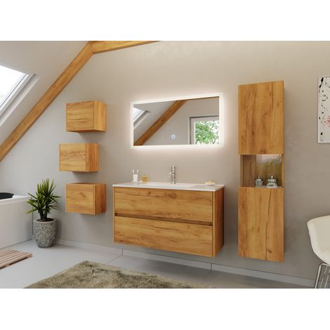Badmöbel Set Taifun 4tlg. 100 cm mit LED Spiegel, 3er Boxen und Hochschrank eiche (1/5)