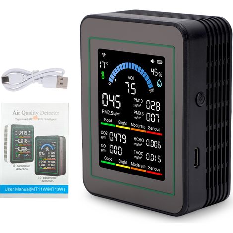 Moniteur de qualité de l'air 10 en 1, écran LCD couleur intérieur PM0,3/PM2,5/PM10/CO/CO2/HCHO/TVOC/détecteur de température/humidité adapté pour Tuya Smart, bureau à domicile MT13W version WiFi noire (1/5)