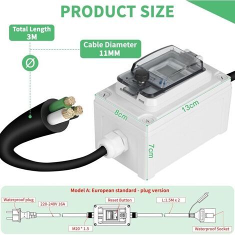 NALOOKAMIC Compteur Electrique Numérique Mobile 230V IP67 Wattmetre Mobile Extérieur KWH Wattmetre Prise avec LED/Réinitialisation, Prise Compteur D'énergie pour Camping-cars Véhicules Electriques